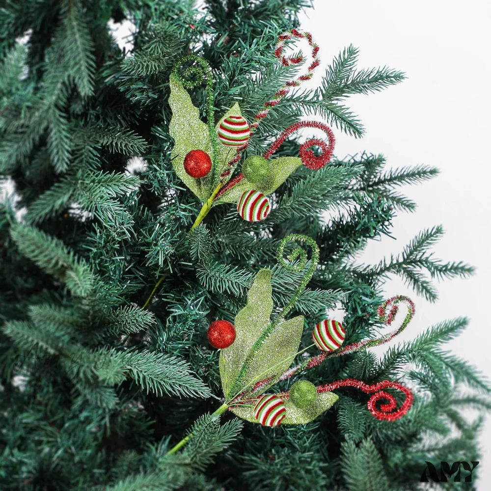 Christmas Tree Picks - Red Green Glitter Curly Sprays 12 Pack