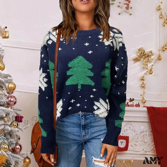 Christmas Tree Print Round Neck Long Sleeve Knitwear Casual Sweater Blue / S