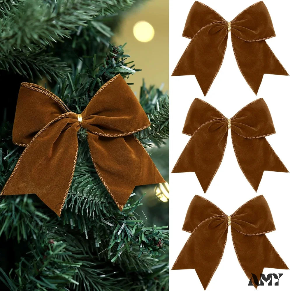 Christmas Velvet Bows - Milky White/Brown/Green (12 Pcs) Brown