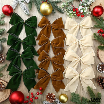 Christmas Velvet Bows - Milky White/Brown/Green (12 Pcs) White Brown Green