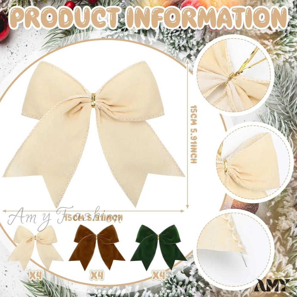 Christmas Velvet Bows - Milky White/Brown/Green (12 Pcs)