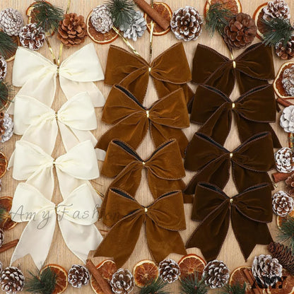 Christmas Velvet Bows - Milky White/Brown/Green (12 Pcs) Rustic Neutral