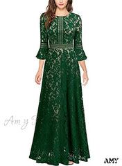 Christmas Vintage Full Lace Contrast Bell Sleeve Formal Long Dress