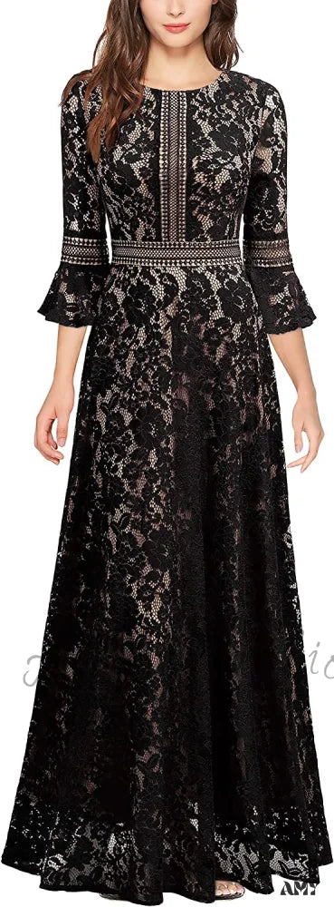 Christmas Vintage Full Lace Contrast Bell Sleeve Formal Long Dress B-Black / Xx-Large