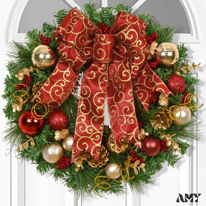 Christmas Wreath With Red Bow And Ball Decorations - Front Door Home Wall Windows 1