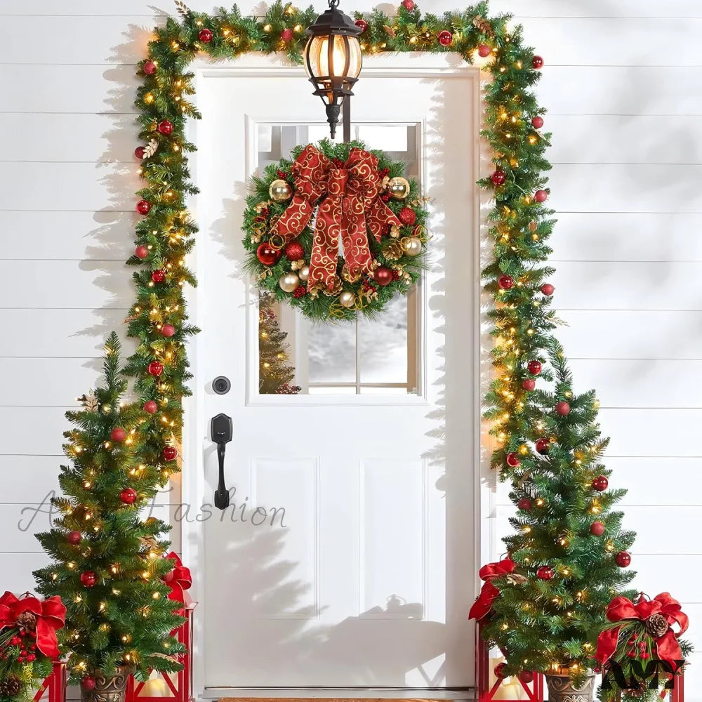 Christmas Wreath With Red Bow And Ball Decorations - Front Door Home Wall Windows