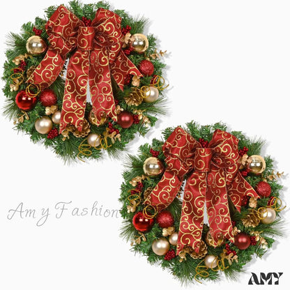 Christmas Wreath With Red Bow And Ball Decorations - Front Door Home Wall Windows 2