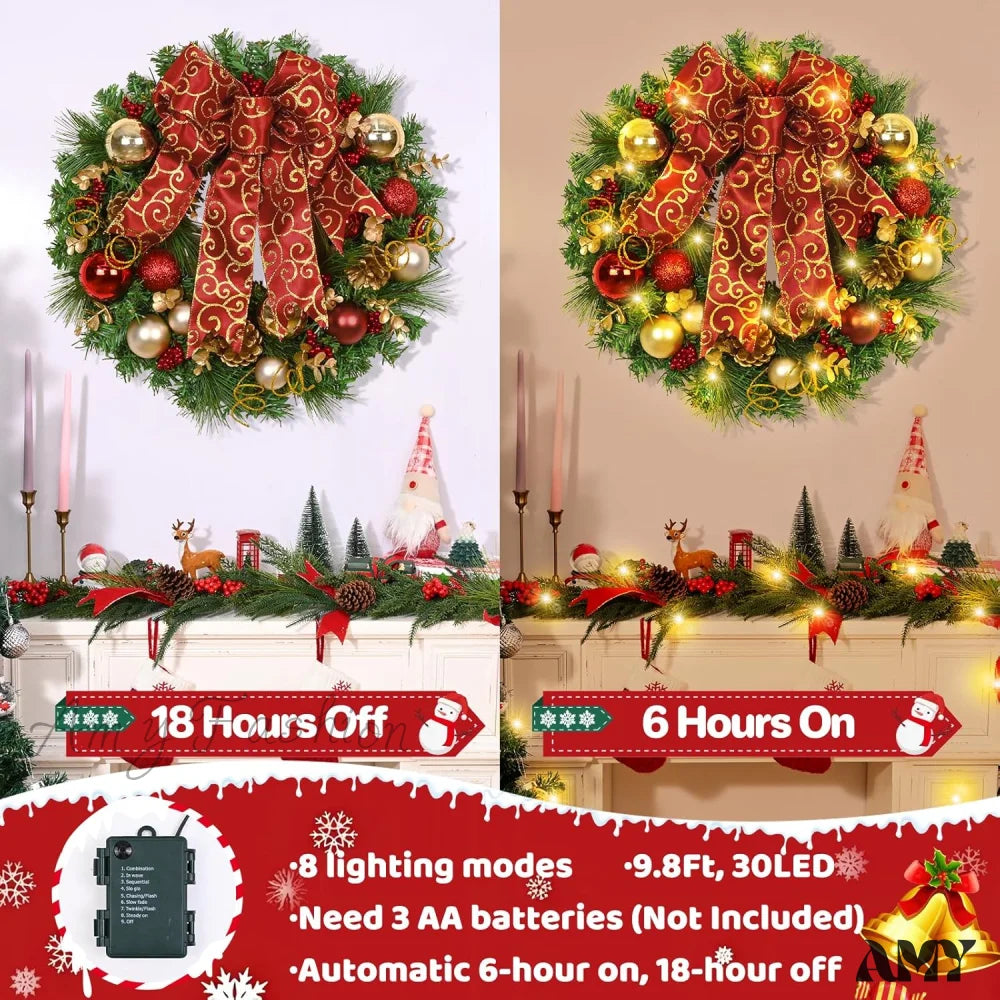 Christmas Wreath With Red Bow And Ball Decorations - Front Door Home Wall Windows