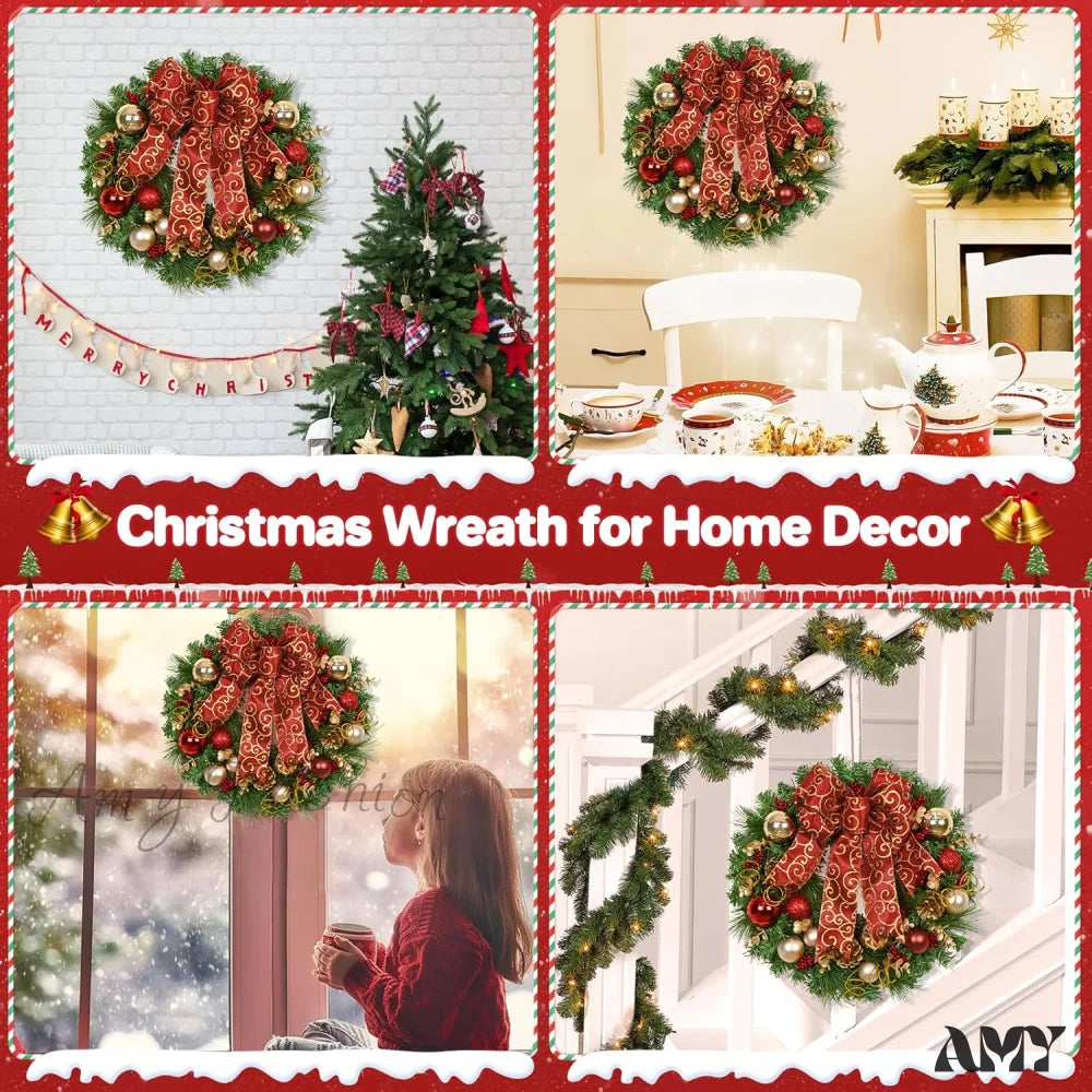 Christmas Wreath With Red Bow And Ball Decorations - Front Door Home Wall Windows