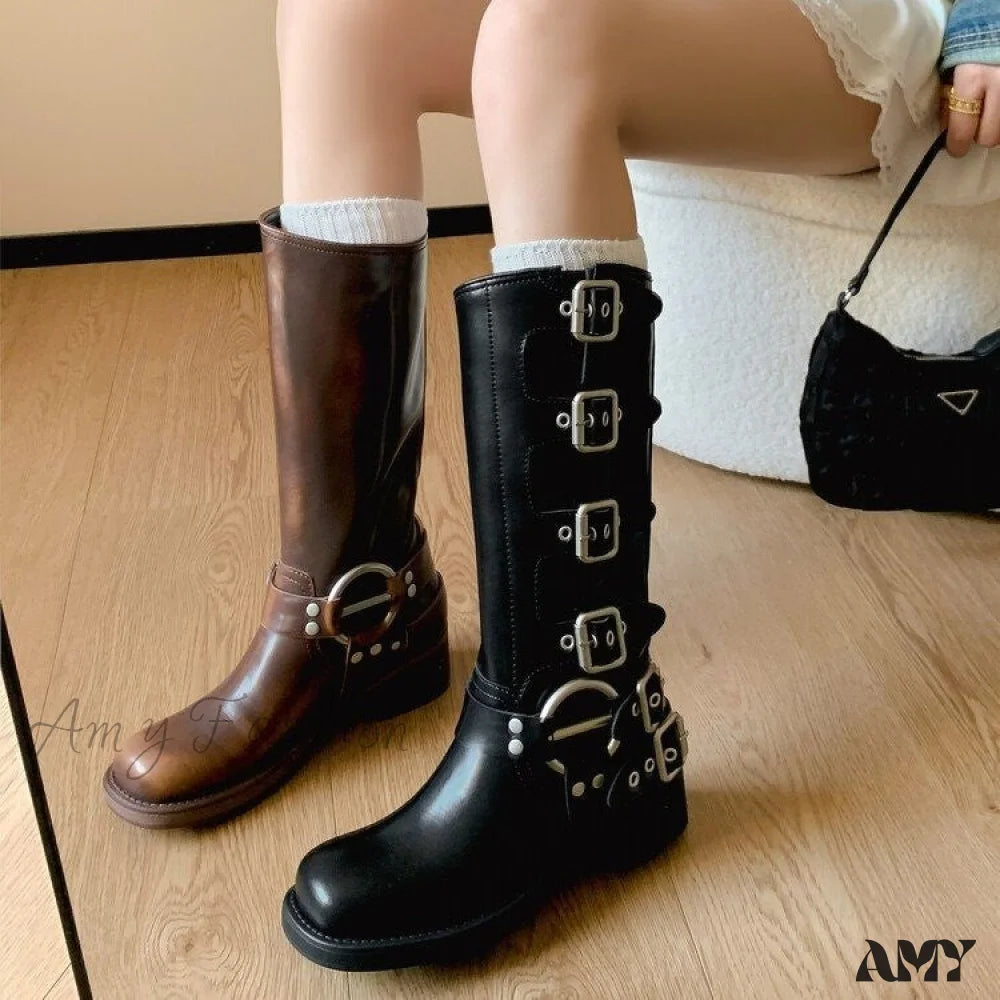 Chunky Heel Brown Martin Boots Metal Decorated Long Tube Rider Spring Autumn 2024 Women’s Shoes