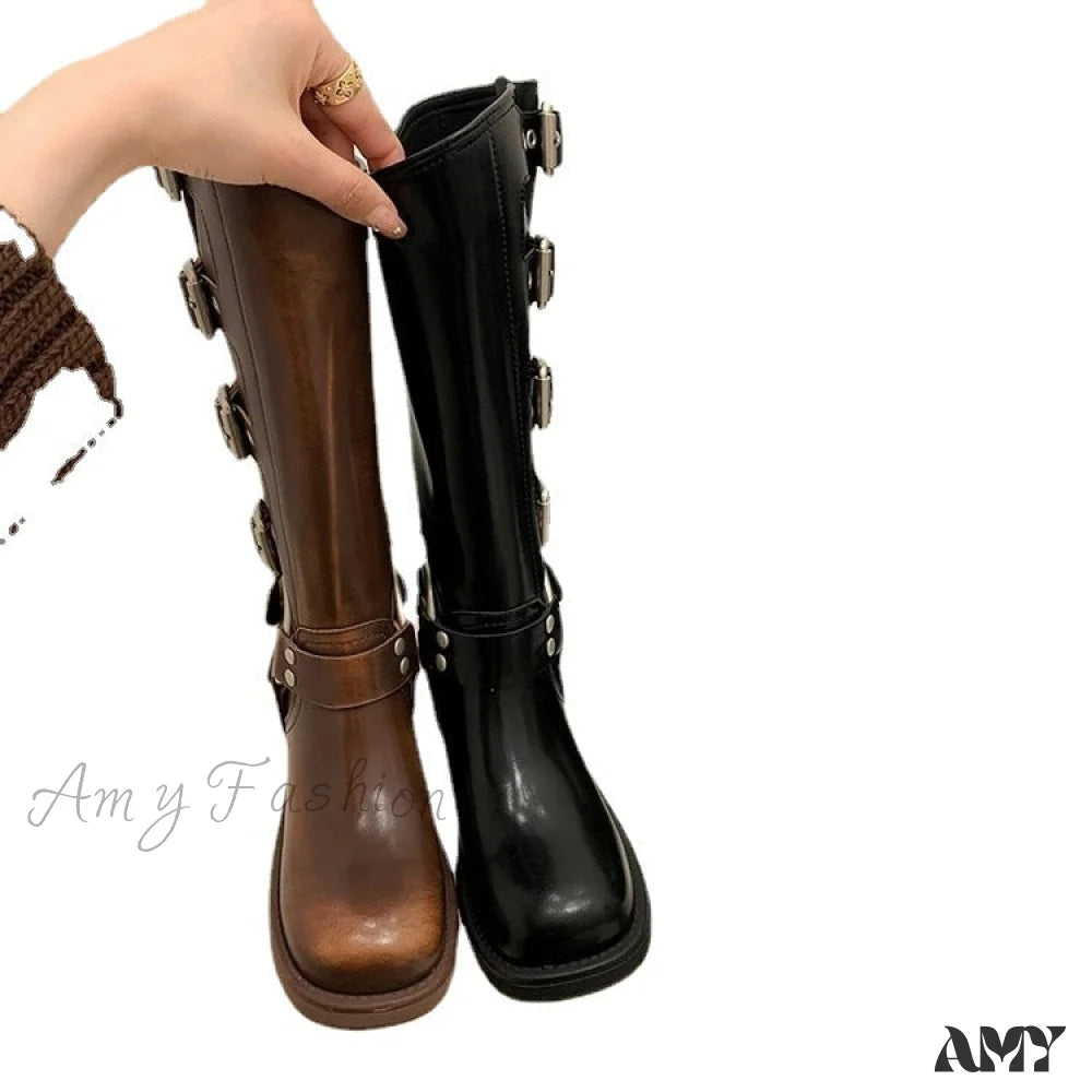 Chunky Heel Brown Martin Boots Metal Decorated Long Tube Rider Spring Autumn 2024 Women’s Shoes