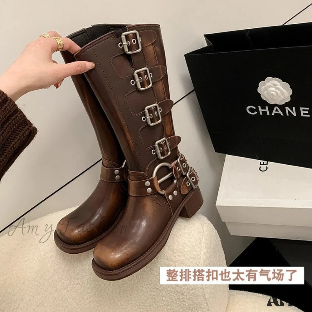 Chunky Heel Brown Martin Boots Metal Decorated Long Tube Rider Spring Autumn 2024 Women’s Shoes