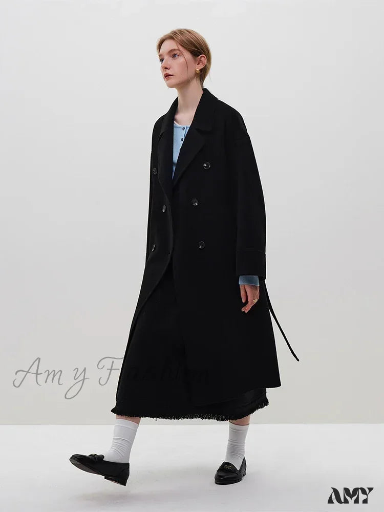 Classic Elegant Floating Long Woolen High-End Double-Breasted New Female Coat Black / Xxs