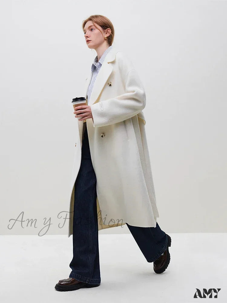 Classic Elegant Floating Long Woolen High-End Double-Breasted New Female Coat White / Xxs