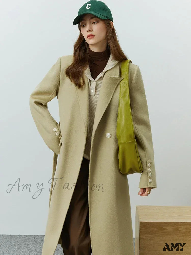 Classic Suit Collar Double-Sided Wool Mid-Length Office Lady Coat Apricot Color / S