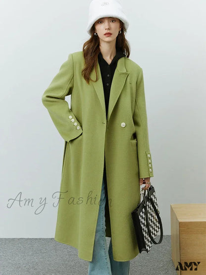 Classic Suit Collar Double-Sided Wool Mid-Length Office Lady Coat Green / S