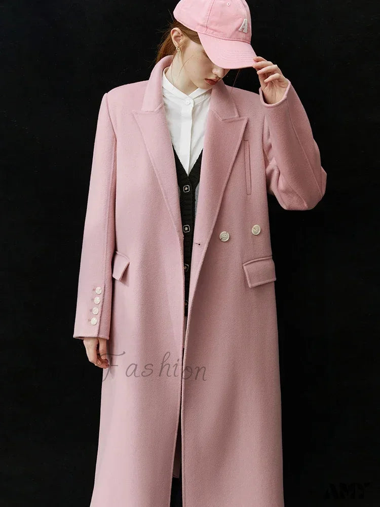 Classic Suit Collar Double-Sided Wool Mid-Length Office Lady Coat Pink / S