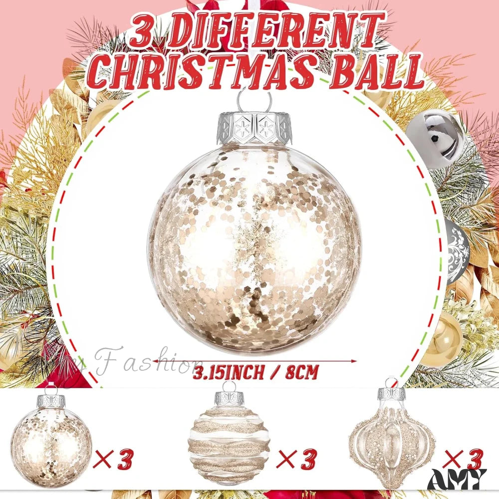 Clear Shatterproof Christmas Ball Ornaments - Set Of 9 Champagne Color