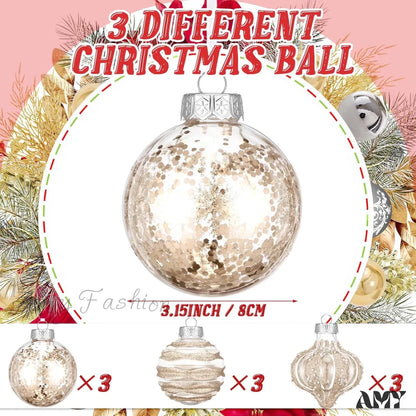 Clear Shatterproof Christmas Ball Ornaments - Set Of 9 Champagne Color