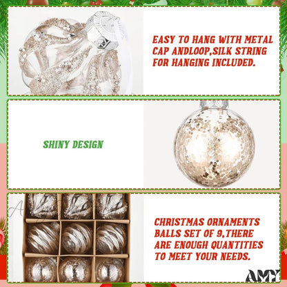 Clear Shatterproof Christmas Ball Ornaments - Set Of 9 Champagne Color