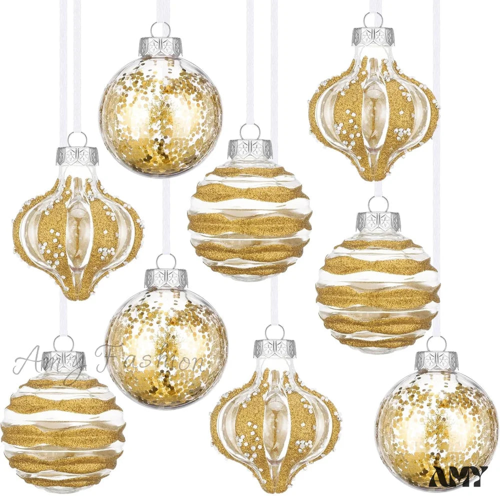 Clear Shatterproof Christmas Ball Ornaments - Set Of 9 Champagne Color Gold