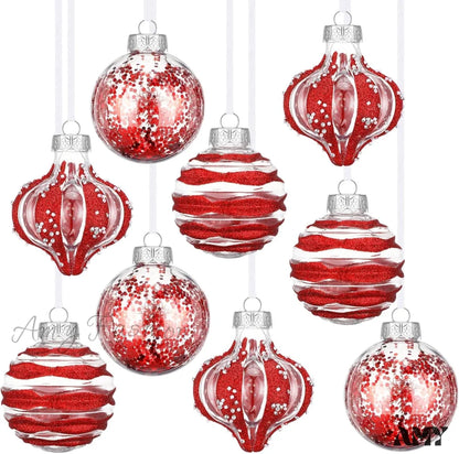 Clear Shatterproof Christmas Ball Ornaments - Set Of 9 Champagne Color Red