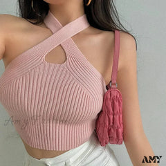 Close Fitting Simple Style Solid Color Halter Neck Sleeveless Casual Crop Top Pink / One Size
