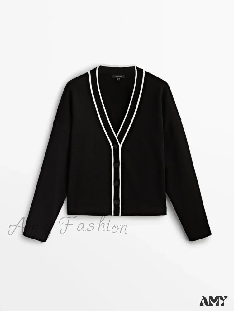 College Style Contrast Color Casual All-Matching Temperament Cozy Chic Warm Cardigan Black / S