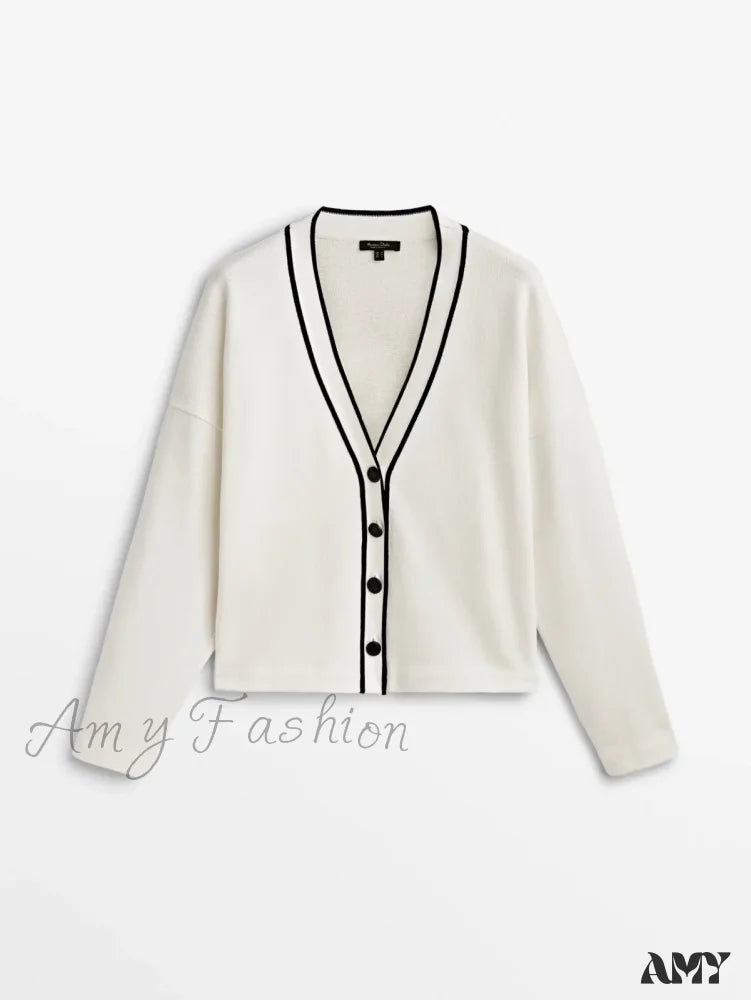 College Style Contrast Color Casual All-Matching Temperament Cozy Chic Warm Cardigan White / S