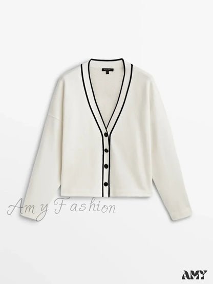 College Style Contrast Color Casual All-Matching Temperament Cozy Chic Warm Cardigan White / S