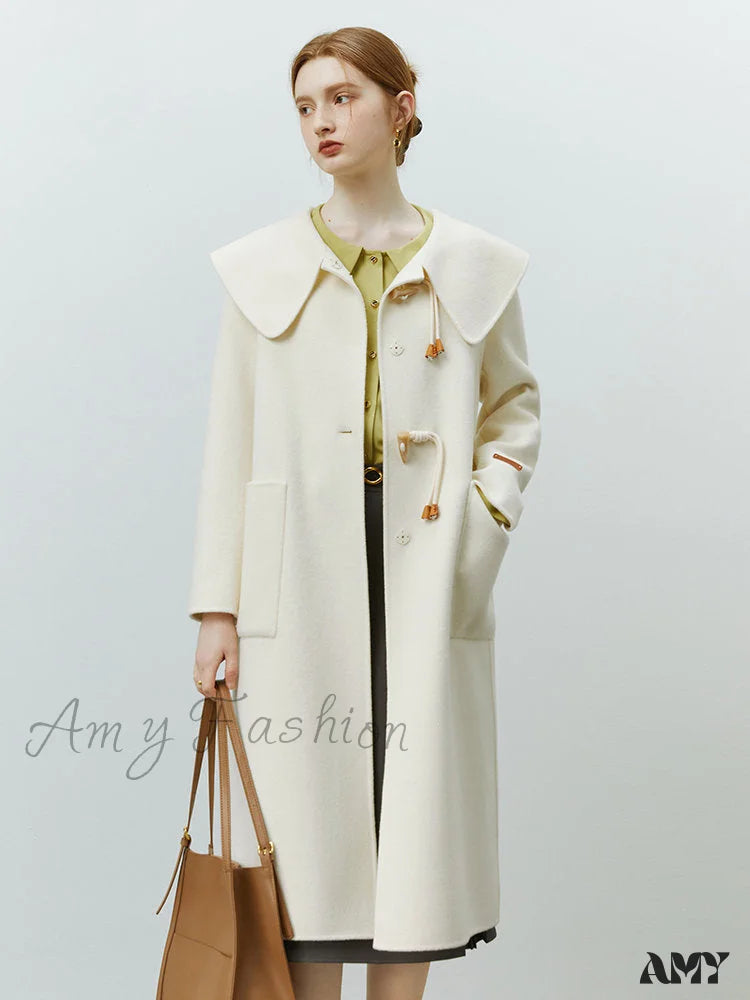College Style Horn Button Vintage Large Collar Double-Sided Long Pure Woolen Coat