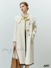 College Style Horn Button Vintage Large Collar Double-Sided Long Pure Woolen Coat