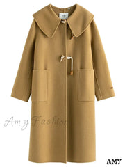 College Style Horn Button Vintage Large Collar Double-Sided Long Pure Woolen Coat
