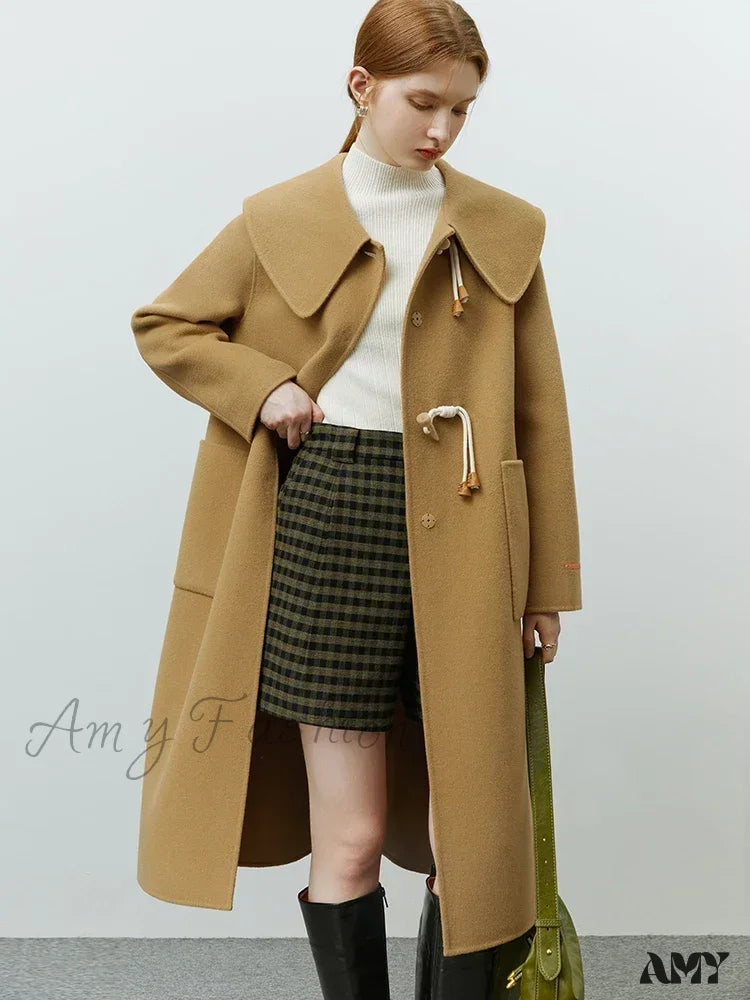 College Style Horn Button Vintage Large Collar Double-Sided Long Pure Woolen Coat