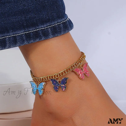 Colorful Enamel Butterfly Pendant Anklet Gold