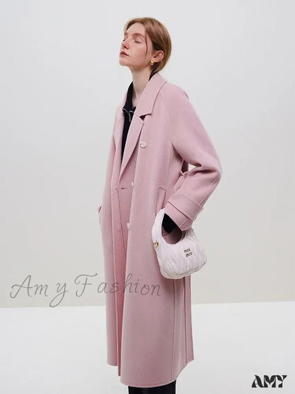 Commuter Suit Collar Pure Wool Long Korean Style Full Woolen Coat Pink / S