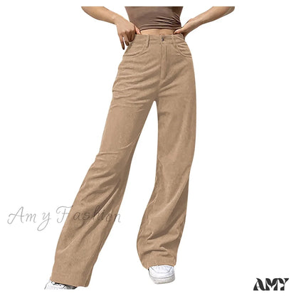 Corduroy Retro High Waist Straight Leg Casual Pants Beige / S