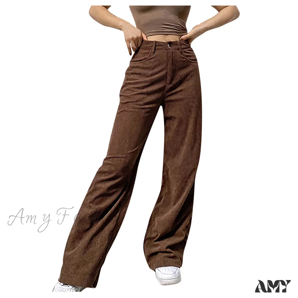 Corduroy Retro High Waist Straight Leg Casual Pants Brown / S