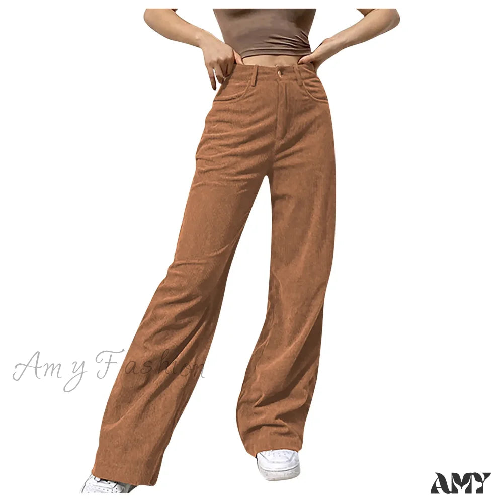 Corduroy Retro High Waist Straight Leg Casual Pants Khaki / S