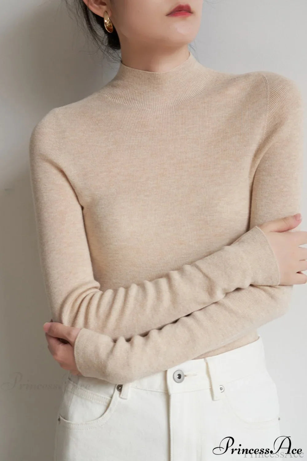 CorpCore Seamless Mock Neck Wool Knit Top Beige / One Size