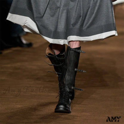 Cowhide Version Miu 2024 Runway Vintage Long Boots Distressed Leather Belt Buckle High Rider