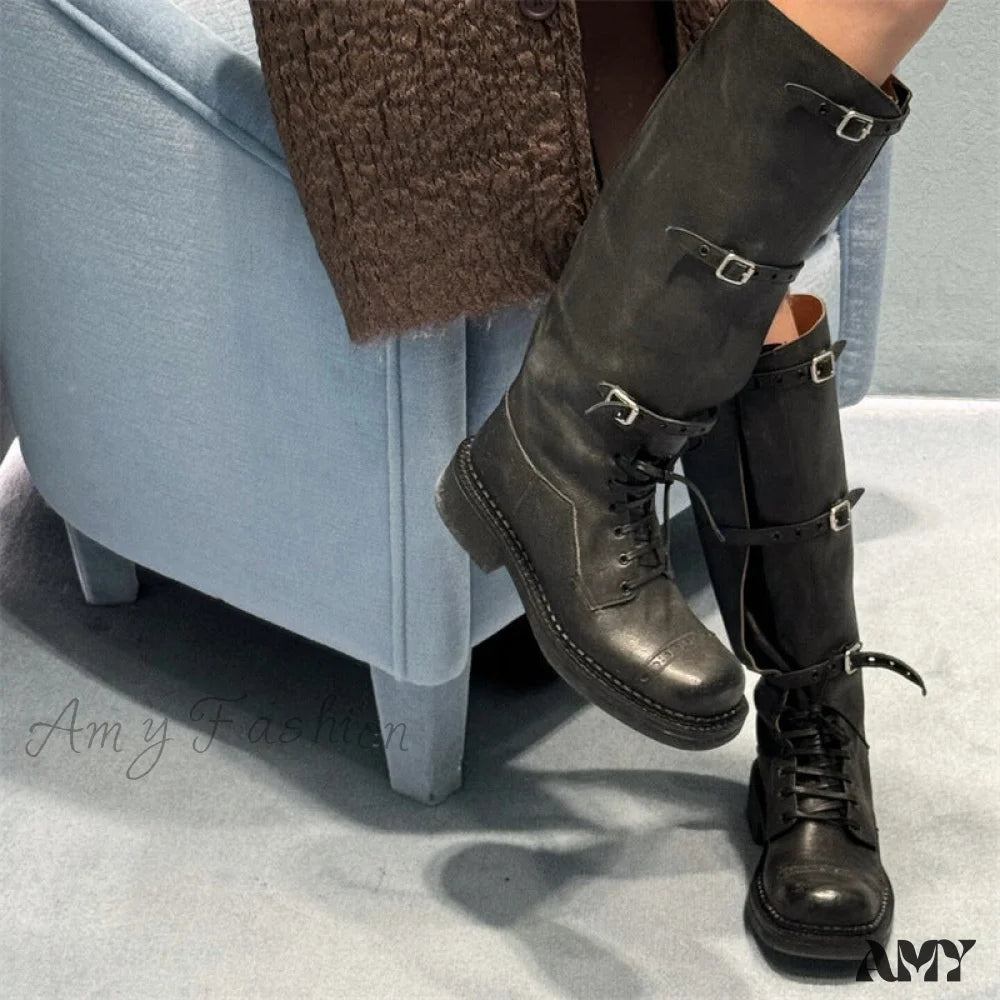 Cowhide Version Miu 2024 Runway Vintage Long Boots Distressed Leather Belt Buckle High Rider