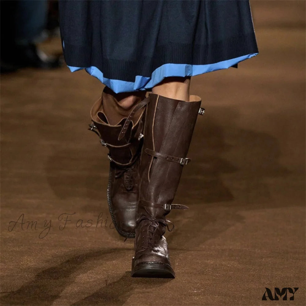 Cowhide Version Miu 2024 Runway Vintage Long Boots Distressed Leather Belt Buckle High Rider