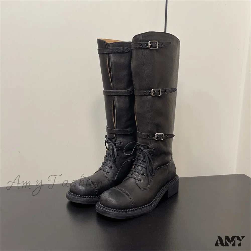 Cowhide Version Miu 2024 Runway Vintage Long Boots Distressed Leather Belt Buckle High Rider