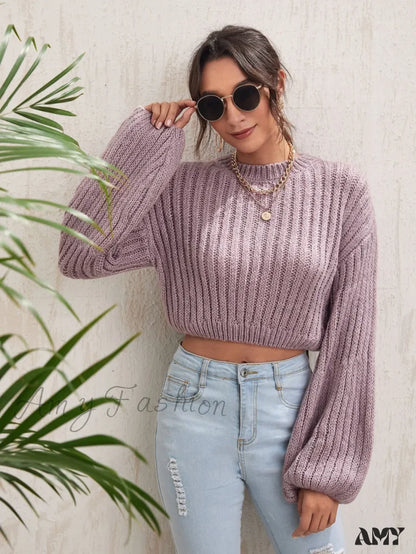 Crew Neck Casual Solid Color Short Waist Lantern Sleeve Sweater