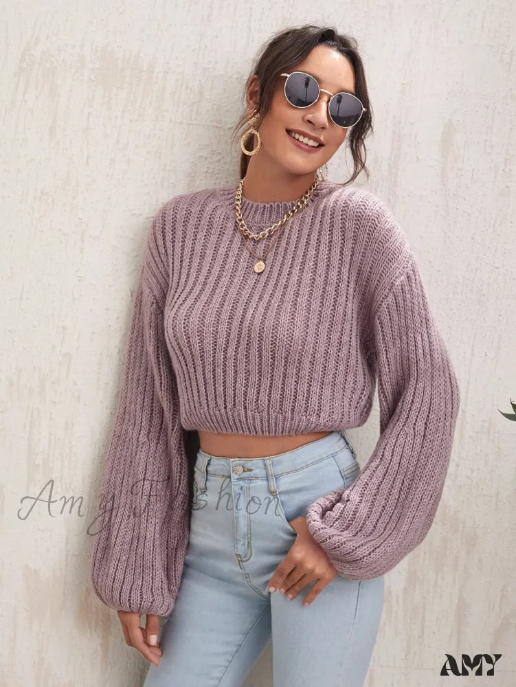 Crew Neck Casual Solid Color Short Waist Lantern Sleeve Sweater