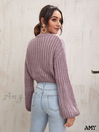 Crew Neck Casual Solid Color Short Waist Lantern Sleeve Sweater