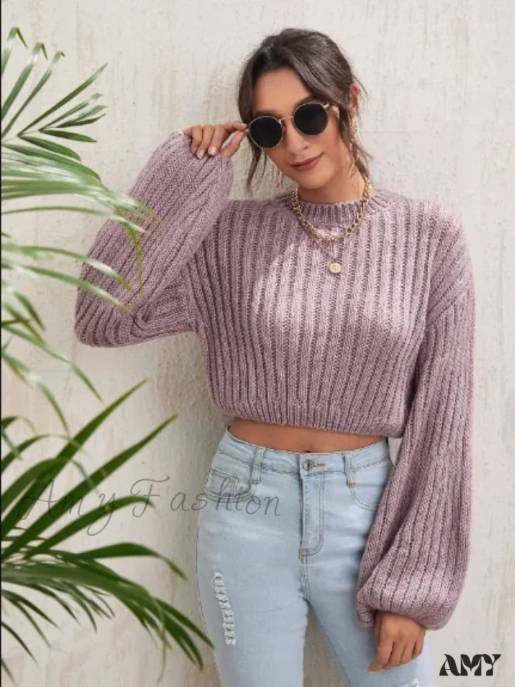 Crew Neck Casual Solid Color Short Waist Lantern Sleeve Sweater Lavender / S