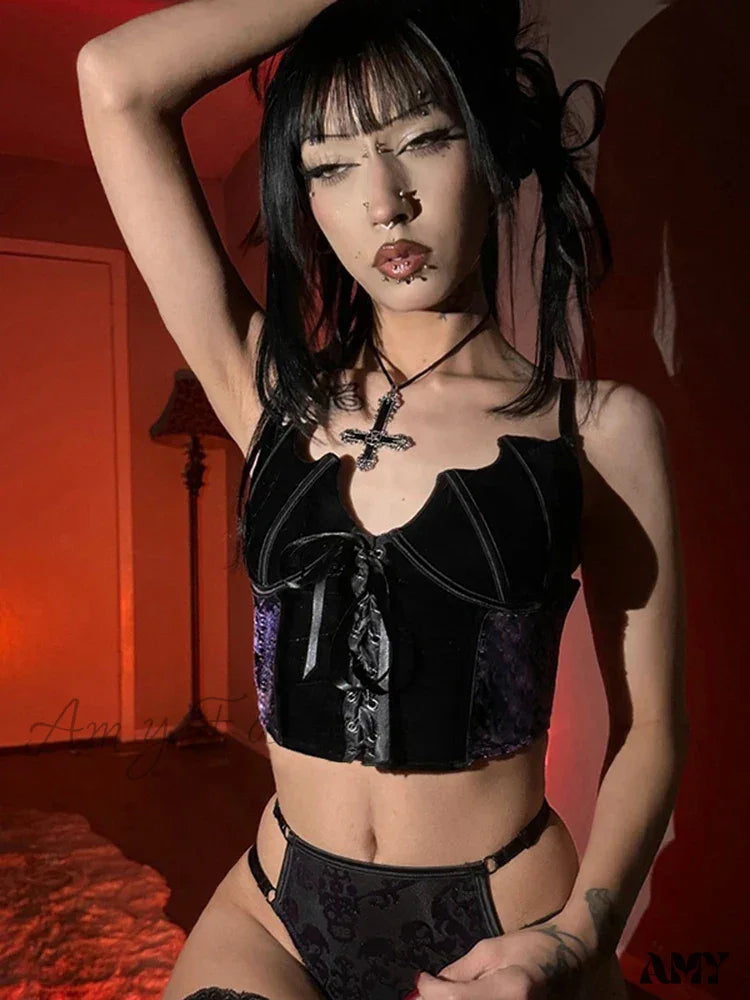 Crop Backless Bandage Sleeveless Cup Suspender Top Bat Gothic Chest Purple / S