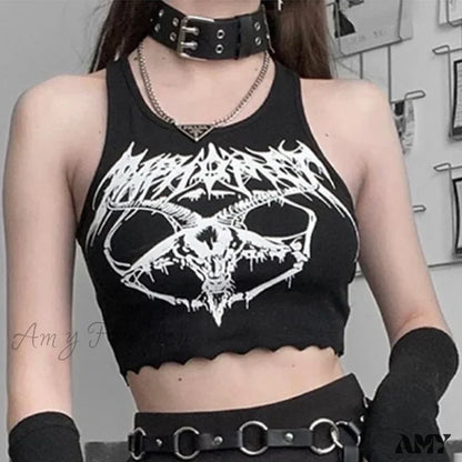 Crop Head Punk Black Sexy Grunge Top O-Neck Sleeveless Summer Knitted Goat Print Goth